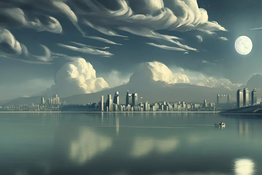 moon, clouds, distant modern contemporary city, lake, sci-fi, boat, epic