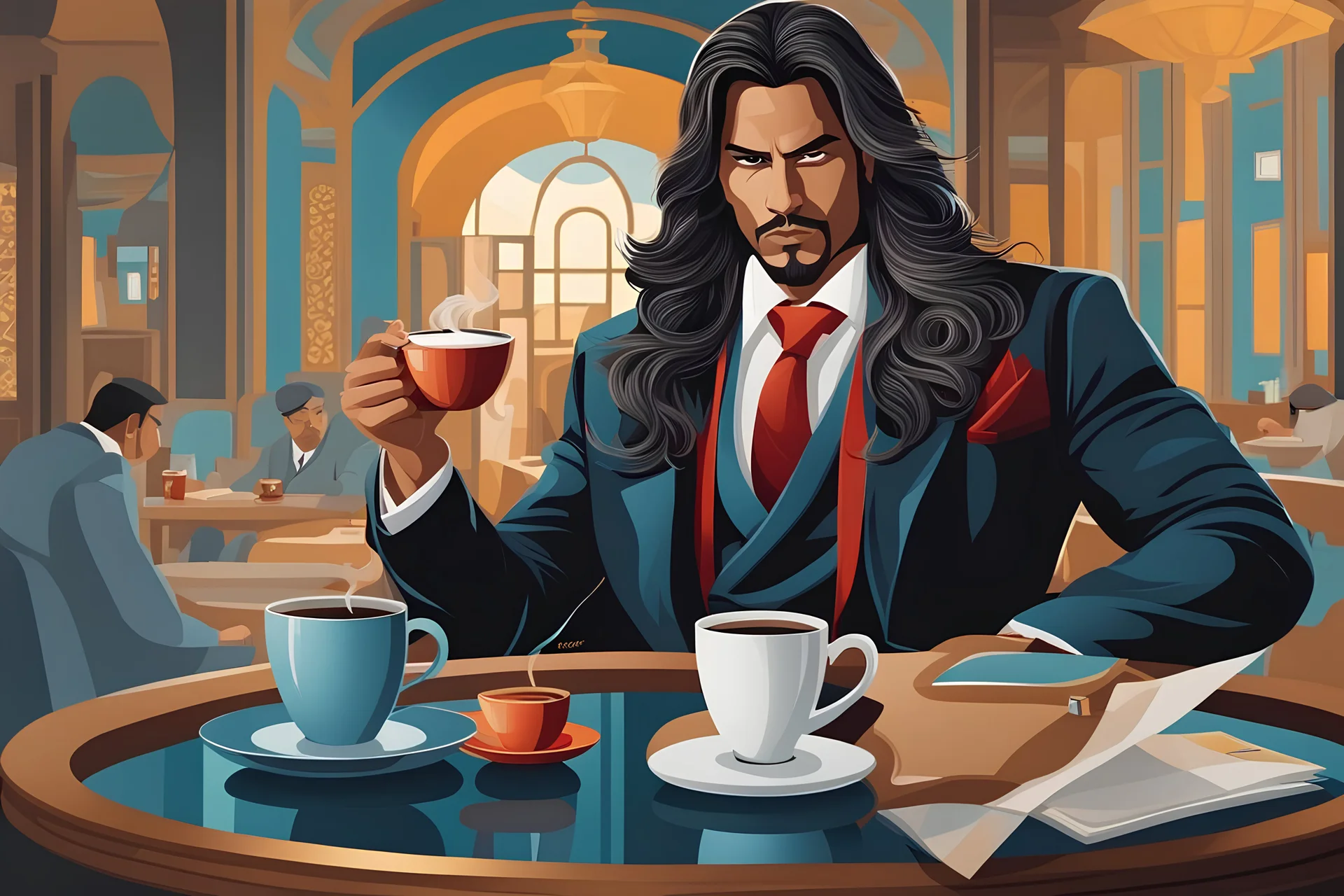 A bos gangster bring a hot cup of cofee with long strike hair detailed dress and face, featured art, android mystic, painting of a man in the style of paper art,