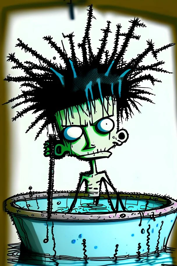 2d drawing of a stickman, cool with punk hair, x eyes like in hangman, in jacuzzi ,3d realistic in colour