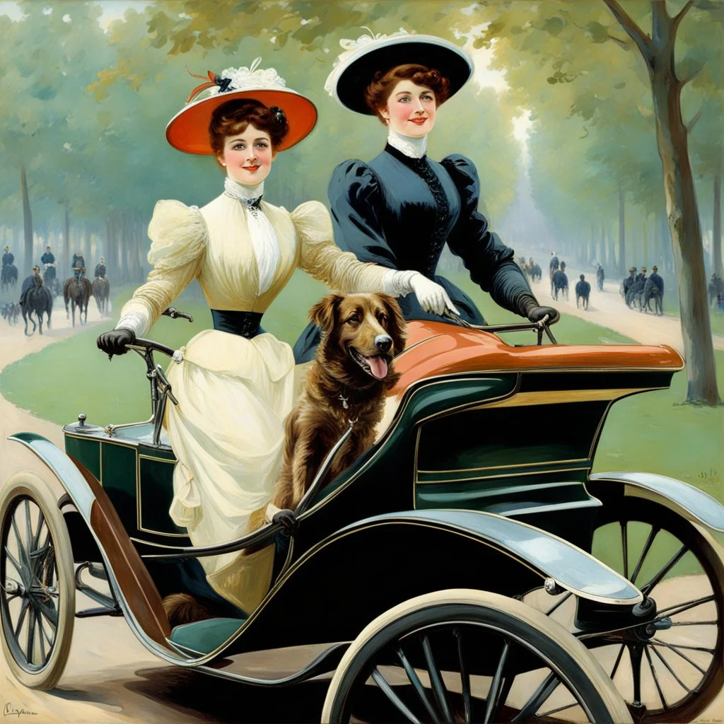 The Goldsmith Ladies in the Bois de Boulogne in 1897 on a Peugeot car, Julius LeBlanc Stewart, smile, dog