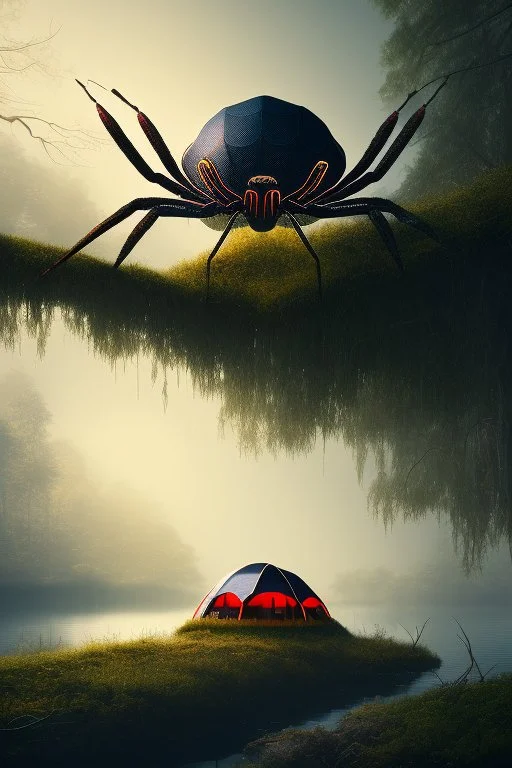 tent with a huge spider inside,lake, fog, 8k, trending art, depth of field