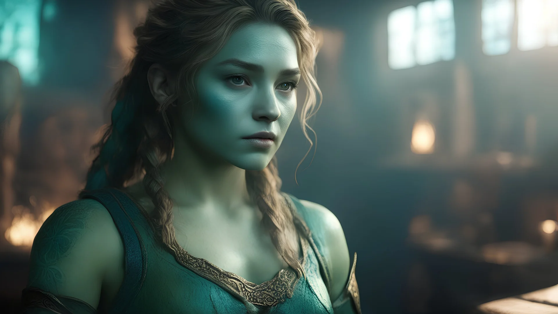 Photoreal gorgeous green-blue triton ranger woman with green-blue scaled green-blue skin, looking like florence pugh in a brightly lit but smokey old mayan tavern by lee jeffries, otherworldly creature, in the style of fantasy movies, photorealistic, bokeh masterpiece smooth shading, ultra detailed, high resolution, cinematic, unreal 6, subtle shadows, octane render, 8k, cinema 4d, HDR, dust effect, vivid colors