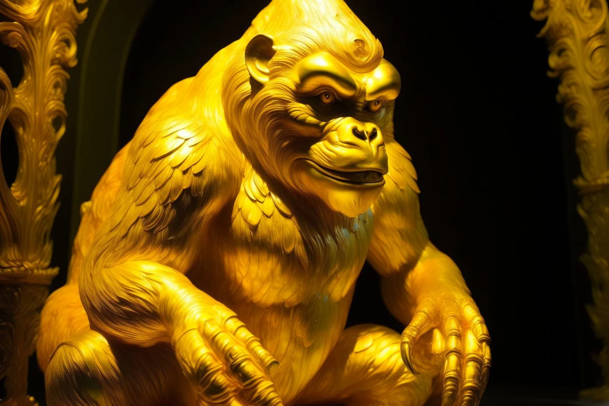 A golden yellow light elemental gorilla painted by the Limbourg brothers