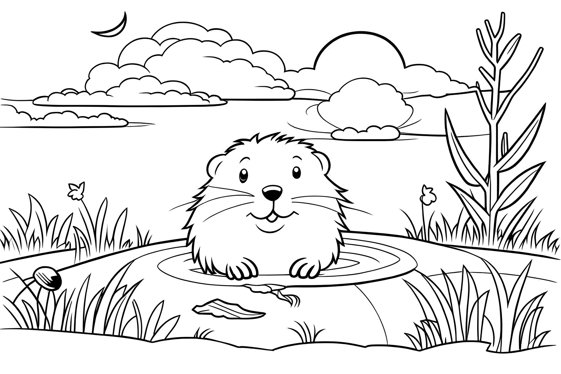 A cute cheerful groundhog peeking out of its burrow, with a sunny sky and a few clouds.. coloring pages