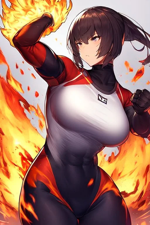 fighter girl with fire in her fist ready to fight tight sport shirt and leggins