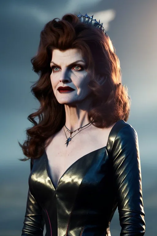 younger Rene Russo as evil queen in leather, cleavage, angry, stern look, unreal 5, octane render,cinema4d, dynamic lighting, dramatic lighting, 4k, redshift render, highly detailed, hyper realistic