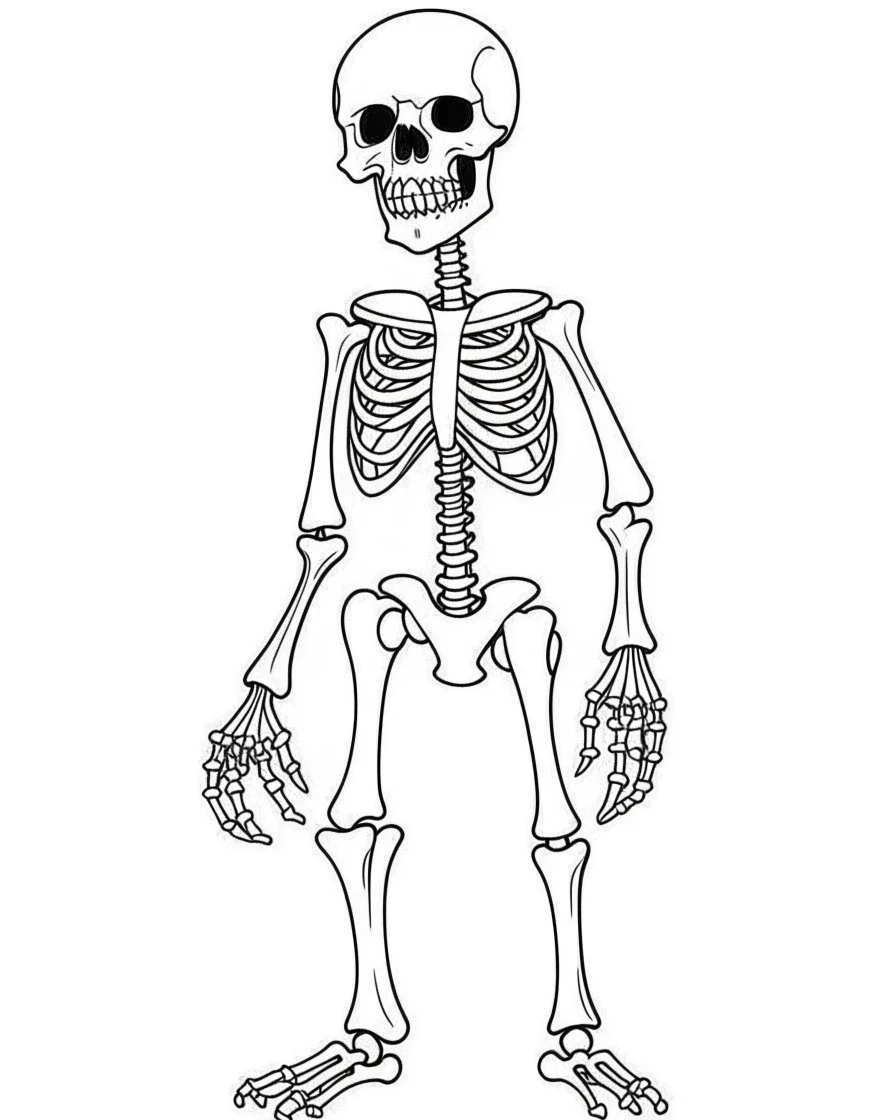 outline art for halloween coloring pages for kids with cartoon cute skeleton , white background, Sketch style, full body, only use outline, clean line art, white background, no shadows and clear and well outlined, coloring page for kids,