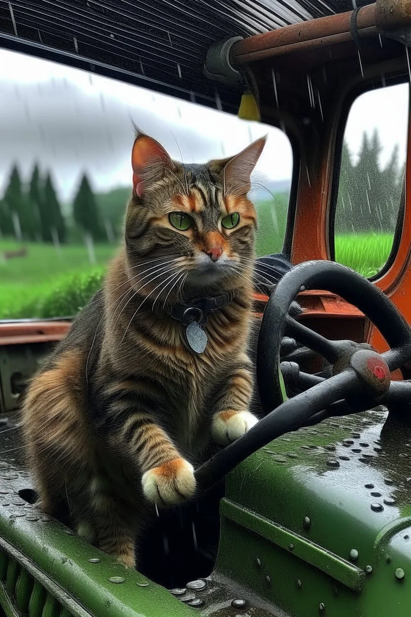 A farmer cat driving a tractor in the rain.