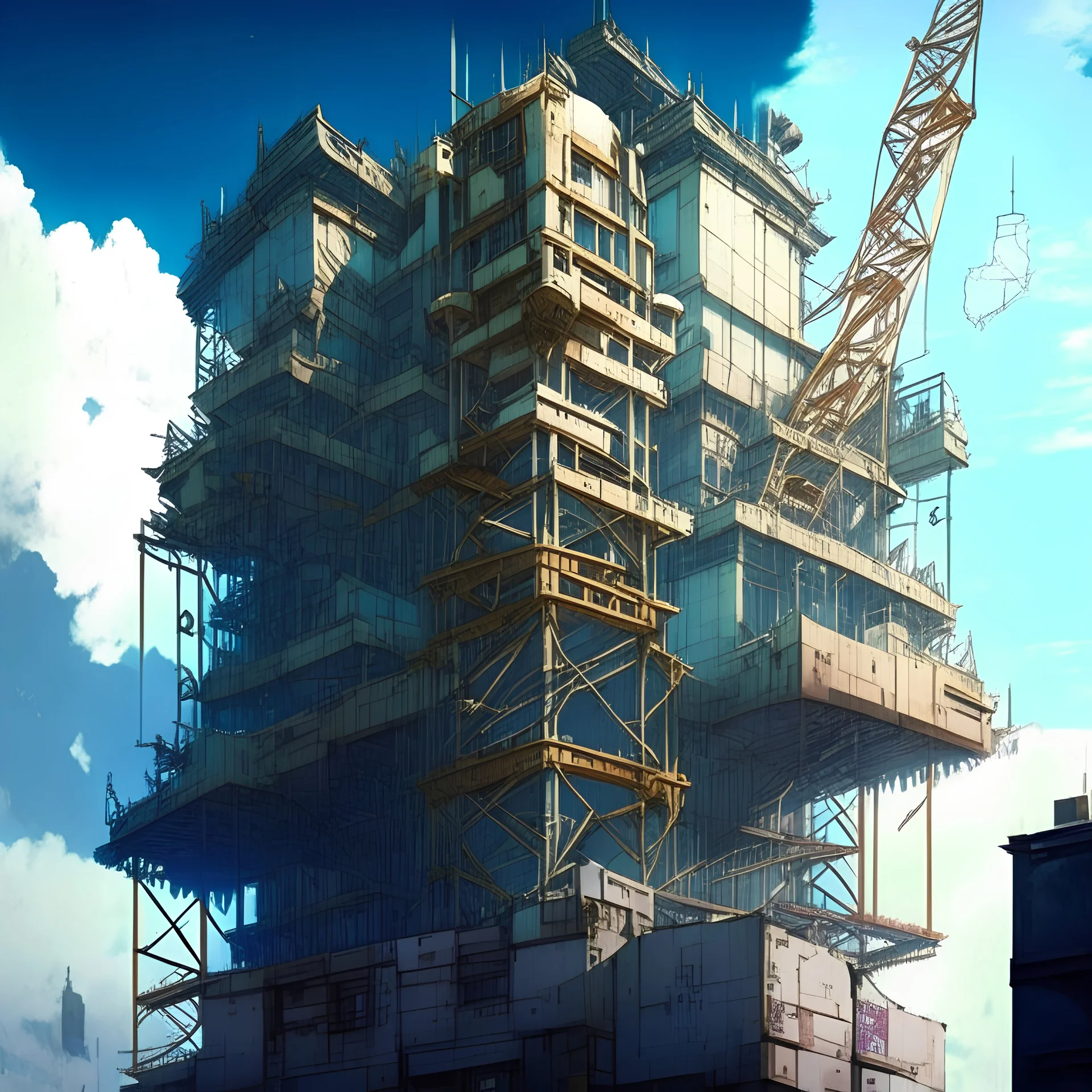 epic, anime style, high detail, no people a strange fantasy building work in progress, partially covered by scaffolding