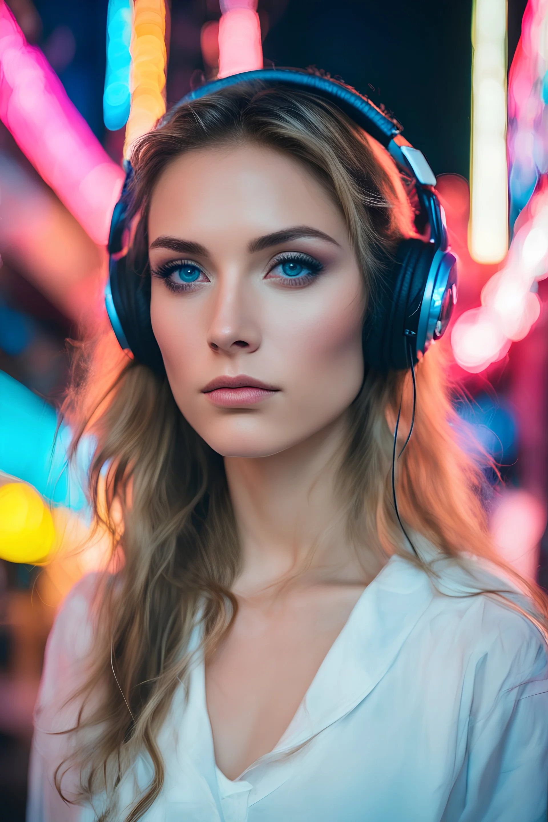 studio photography by MSchiffer, Kodak Vision 2383 Lut, Low Angle body shot Photo of a mystic woman named Lisa Lou, with dark blond hair, wearing high-tech headphones and a white shirt, The background unfocused pinkish Neon Signs lights, with her "beautiful big blue eyes" she looks directly into the camera, detailed natural skin, retrofuturism, future tech, futuristic, steampunk, soft cinematic lighting, RAW photo, high detailed Natural skin, 8k uhd, dslr, high quality, film grain, photorealisti