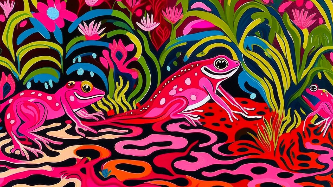 A magenta psychic swamp with frogs designed in Australian aboriginal art painted by Henri Matisse