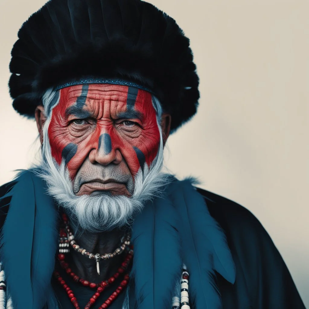 A highly detailed portrait black and white photograph captures an American Indian elder tribal leader in a hyperrealistic manner. The chief wears striking blue-on-red tribal panther makeup, facing forward with a strong gaze. The intricate texture of his skin and his intense expression are emphasized. Shot with a 50mm f2 lens on a GFX100 camera, the image features dramatic front lighting, creating a distinctive look. Aspect ratio: 2:3. Quality: 2.