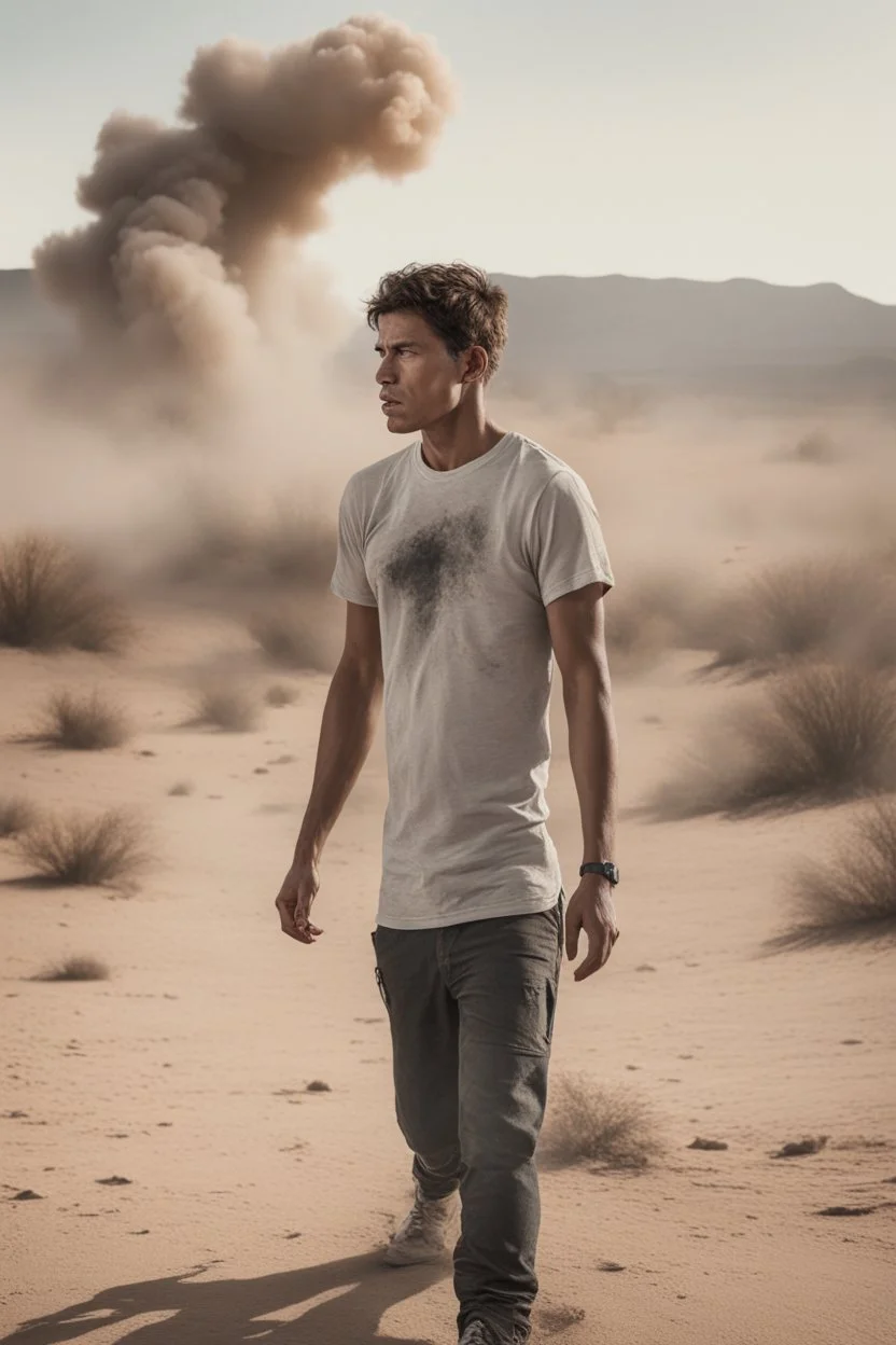 A wounded 25-year-old boy in a men's sports tee is walking in the desert with his head down, smoking a cigarette, and a scene of destruction is unfolding behind him