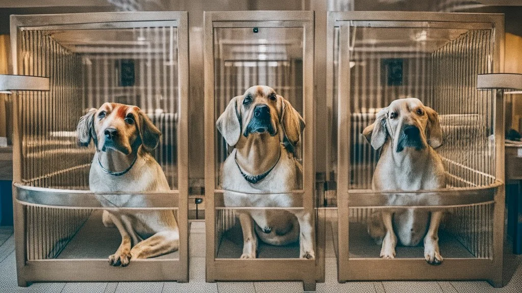 dogs in cages at hotel front desk