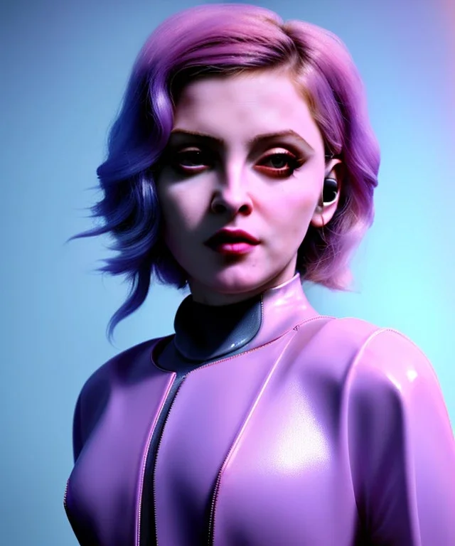 Artist, young madonna, android woman, sweet, clean skin, long eyeliner, contour makup, short hair, circuits, ghost in the shell, latex coat, feather, cyber punk, neon, bamboo, blood, portrait, studio photo, unreal engine 5, soft color, 16 bit, god lights, ray tracing, RTX, lumen lighting, ultra deatail, volumetric lighting, 3d, finely drawn, hd.