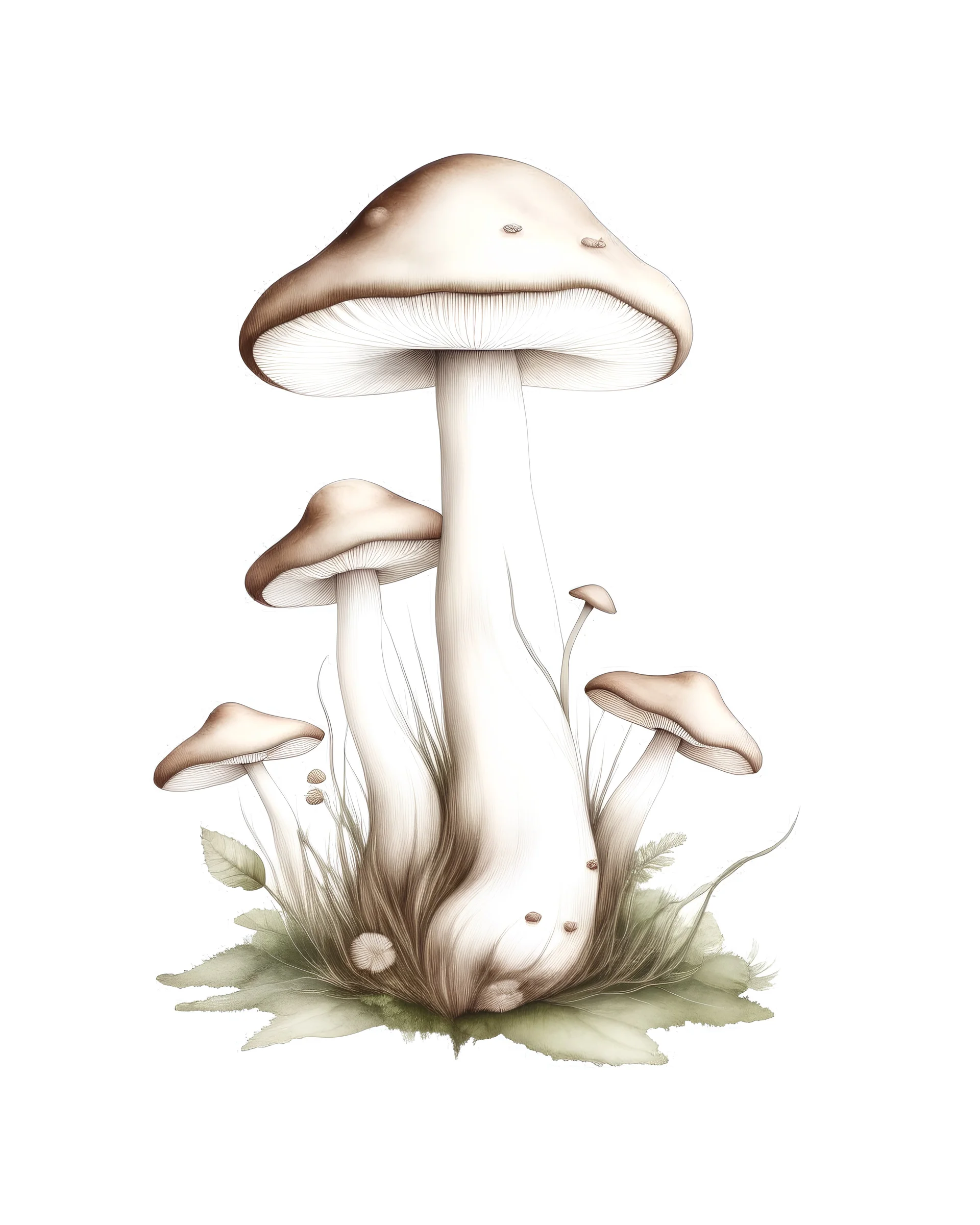 A vector illustration of a Renaissance mushroom garden painting, with clean lines and a white background for easy coloring.