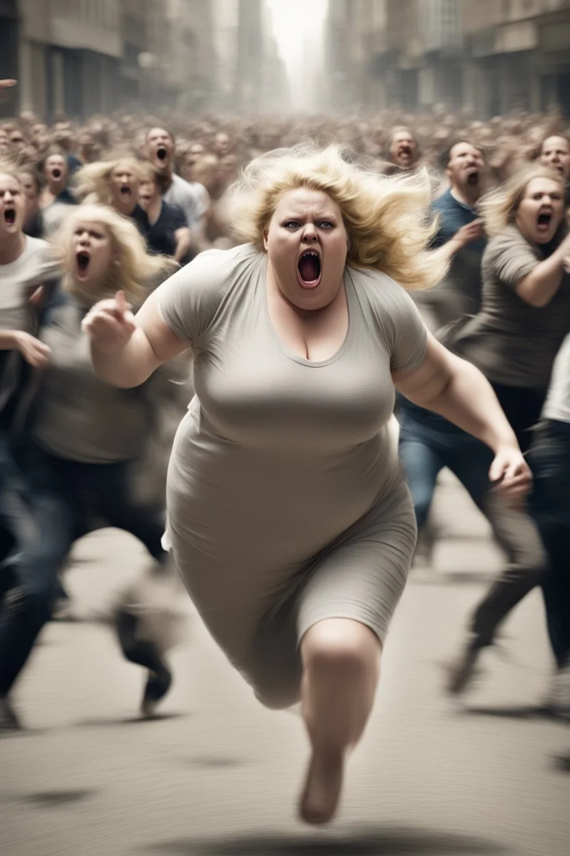 an obese terrified blonde woman desperately running away from an angry mob of hundreds chasing behind her