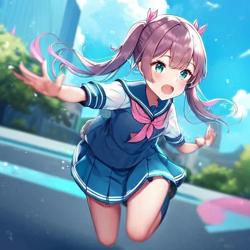 Clear focus,High resolution,High quality, two teal pigtails, teal eyes, wearing a sailor uniform, running, pink ribbins