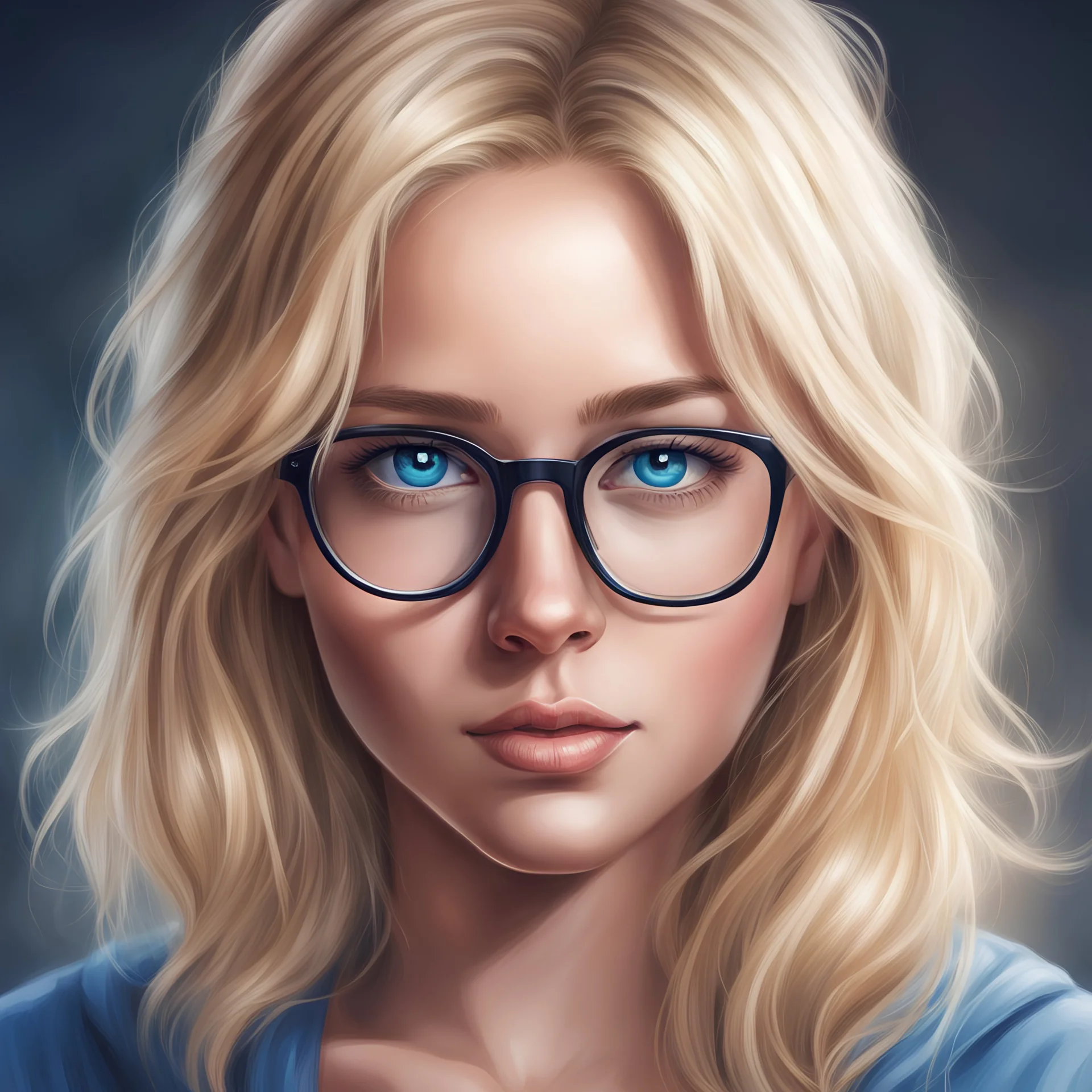 Draw me a picture in a realistic style of a beautiful girl with glasses, looking directly at me, with blue eyes and blonde hair