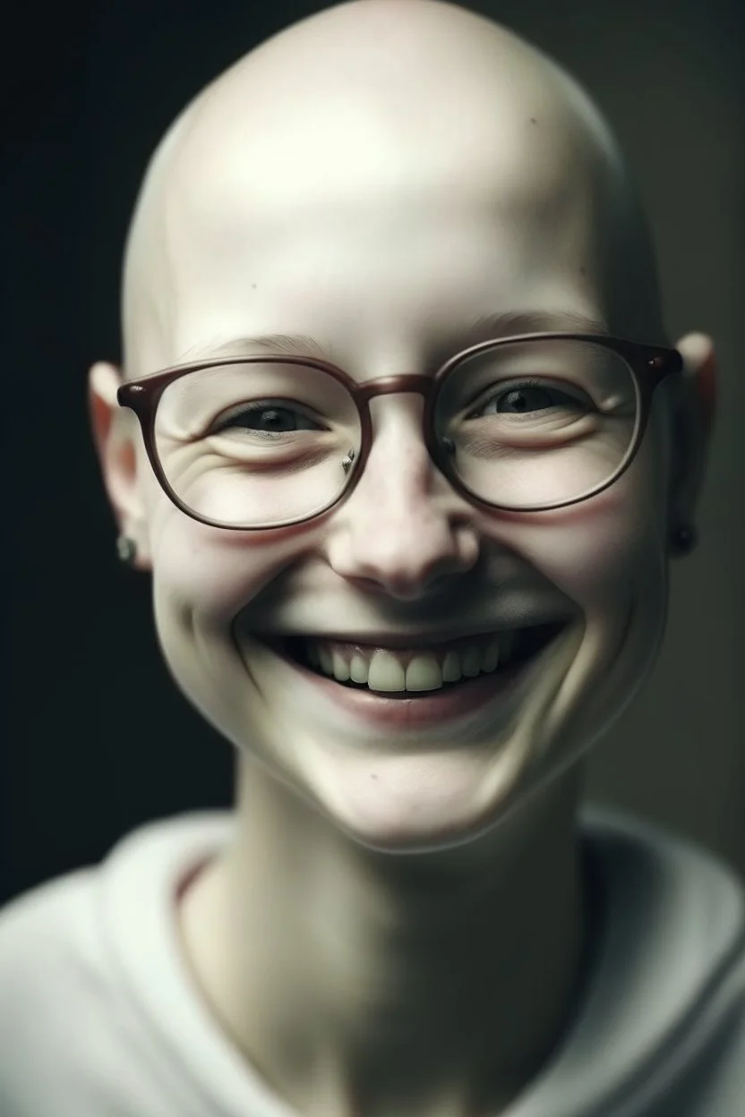 bald girl glasses teeth and acné