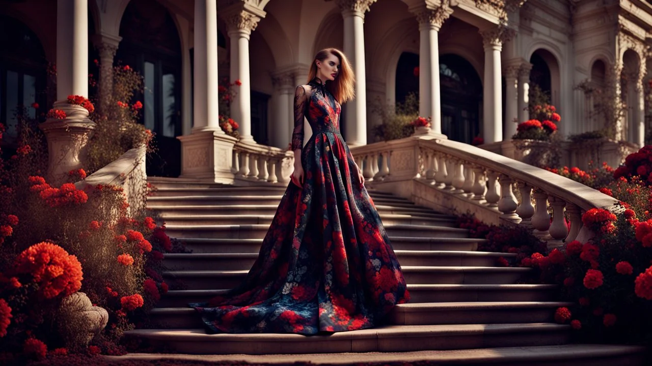 stunning fashion photo of a woman stands nice stairs best pose in extreme weird dress in garden, her is perfect beauty face, perfect full body, sunshine, , lace, deep colors, fine flower patterns, geometric, high detailed, sharp focus, stunning weird fashion, futuristic-Rococo style, best quality , professional photographer, best nikon shoot