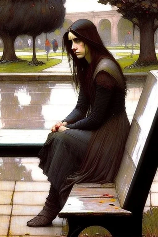 Woman mourning sitting on a park bench. John William Waterhouse