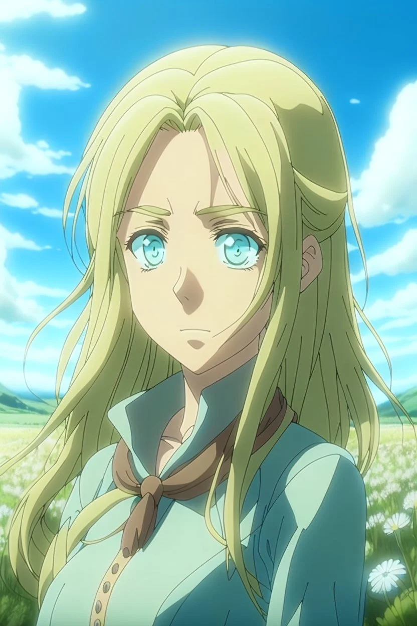 Attack on Titan screencap of a female with long, wavy light hair and big greenish blue eyes. Beautiful background scenery of a flower field behind her. With studio art screencap.