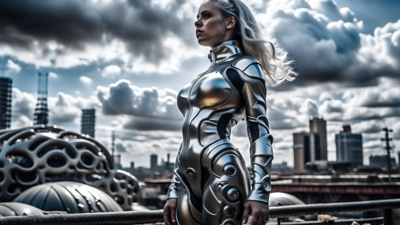 three-quarter view of a woman in a silver robotic catsuit standing in a futuristic derelict city with mushrooms with tentacles floating in the sky