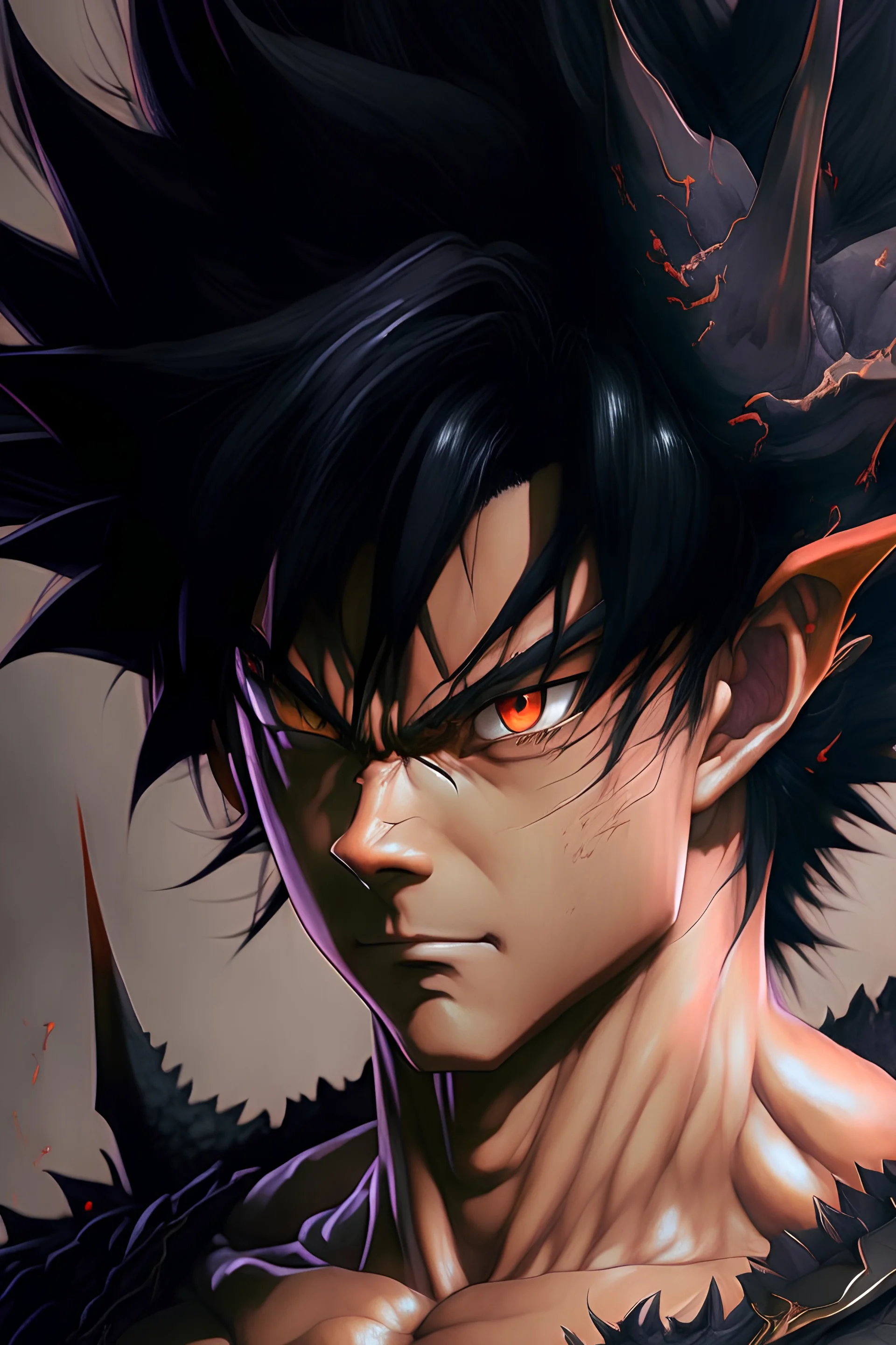 a man with black hair and a dragon on his chest, black dragon, highly detailed portrait of goku, ultra hd anime wallpaper, masayoshi suto and artgerm, anime epic artwork, hd anime wallpaper, son goku, goku, gogeta, dragon ball, wild spiky black saiyan hair, detailed anime artwork, ancalagon the black