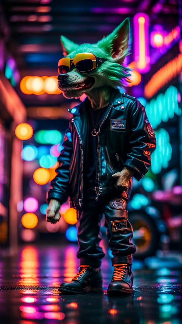 low angle portrait of slick lord water wolf Gremlin myth buster pimp ninja yoga cyber punk in flying hipster lawn Harley Davidson parked in dark neon lit reflective wet arcade hall tunnel,bokeh like f/0.8, tilt-shift lens 8k, high detail, smooth render, down-light, unreal engine, prize winning