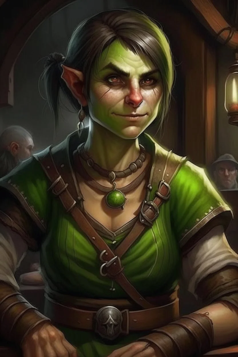 Dungeons and dragons She is an orc. She has green skin. She is kind. She is handsome. She has nice eyes. She has short hair. She is strong. She is in a tavern. She has broad shoulders. She has a large jaw. She wears casual peasant clothes. Realistic style