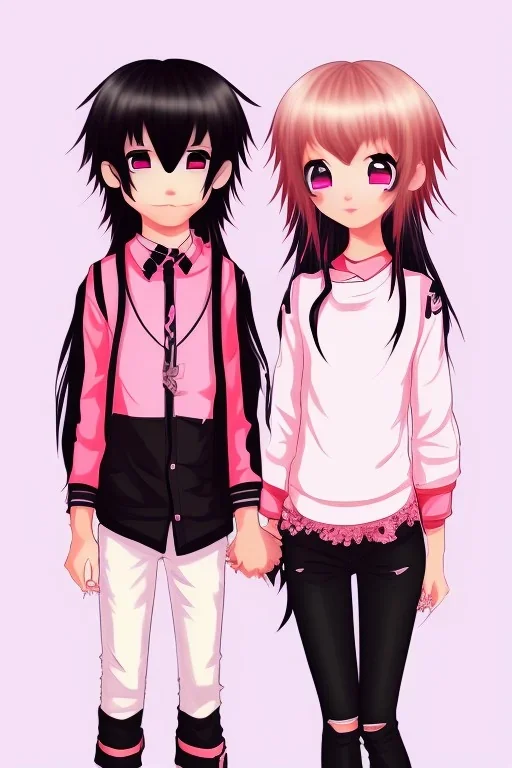 anime couple, girl with long black hair and bangs, pink outfit, boy with brown hair with split bangs, black outfit, cute, wholesome, sitting togehter