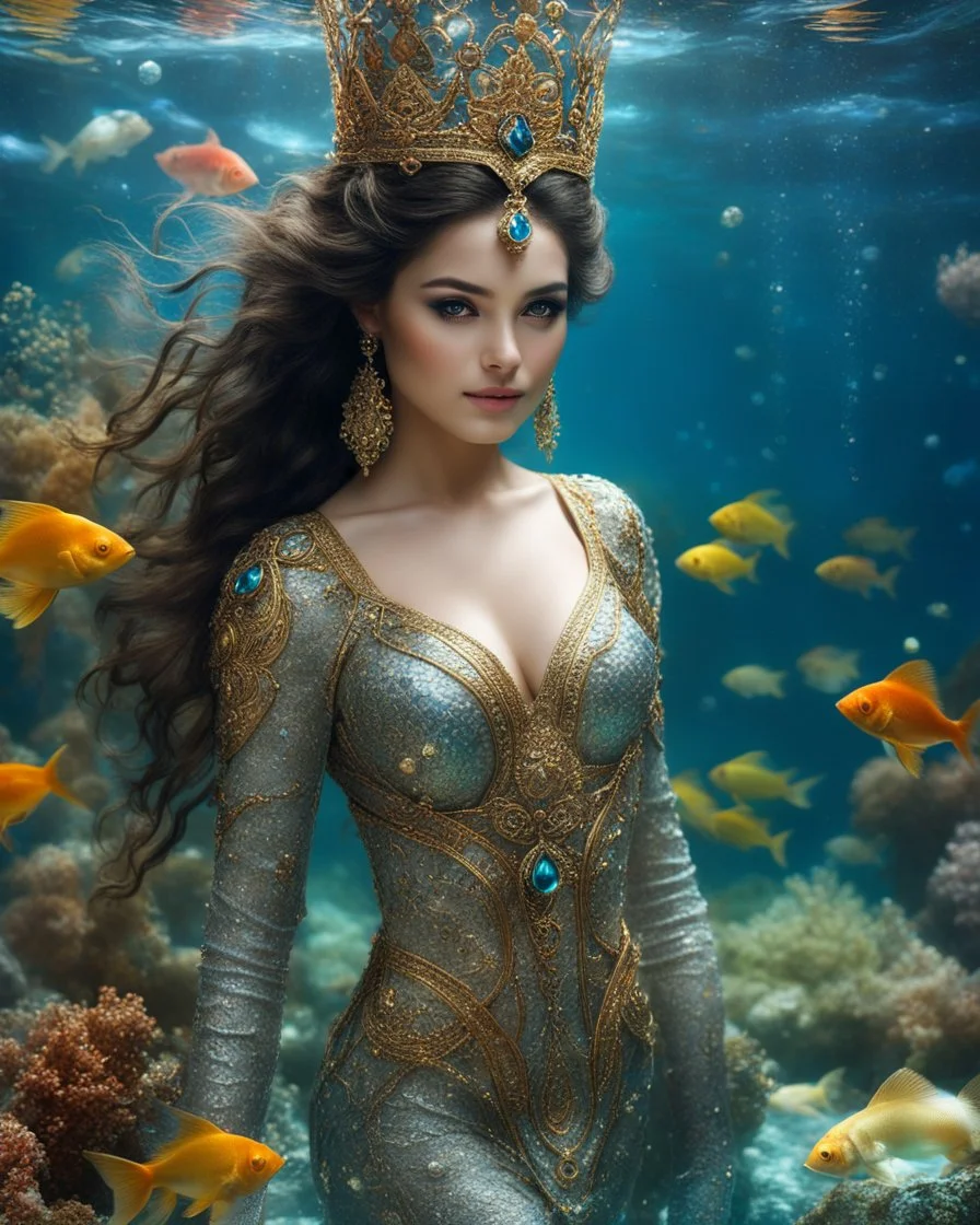 Full body shoot excellent pose gorgeous Beautiful Queen photography art realistic,cinematic colors,soft blur ,natural beauty, of young woman, smiling, beautiful, shiny grey eyes, beauty make up,Queen Persian style, shiny baubles, ornate, large gemstones, shiny molten metalics, shiny wire filigree, brown hair, high definition, Walk in underwater scene teeming with colorful fish nemo, many full fishes swim, and gentle sea turtle