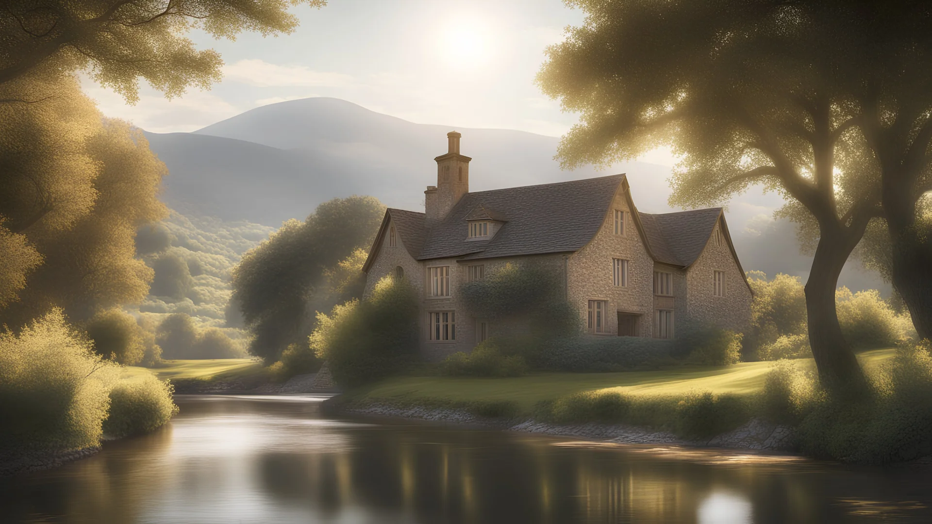 beautiful house, perfect architecture, style William Morris, rural environment, sunshine, volumetric lighting, trees, river, distant mountains, award-winning photograph, photorealism, superb details, light and shade, beautiful composition, arts-and-crafts, attractive, peaceful, exquisite