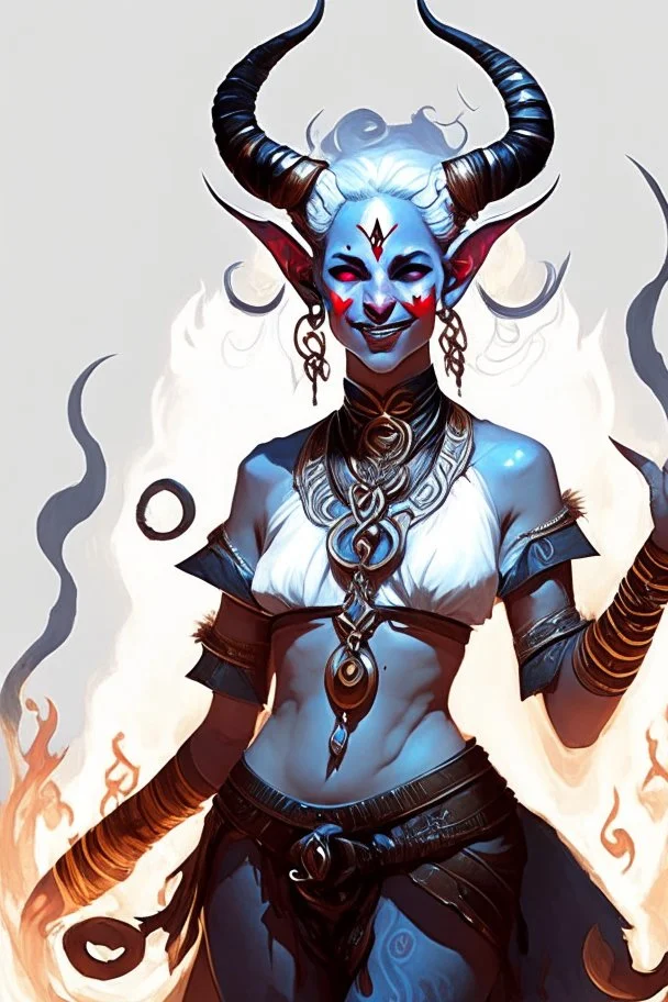 A full body image of this tiefling woman she has fire powers, she is floating she has lots of jewelry and the horns of a ram and also the horns of a gazelle, her outfit is white and her body is covered in tribal tattoos, she is laughing