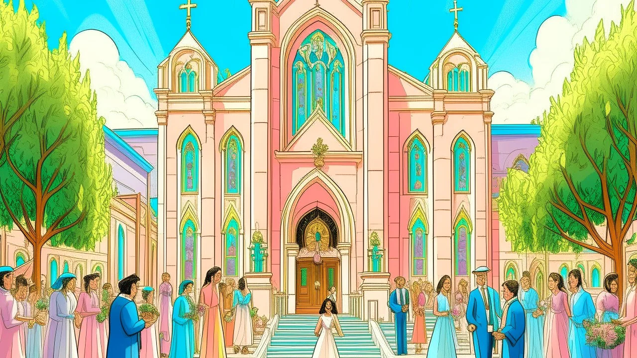 This image is a colorful digital drawing depicting a wedding ceremony taking place in front of a church with a light-colored facade and blue double doors. The church has a classic design with arched windows and a decorative cornice. The scene is bustling with activity. On the stairs leading up to the church, there are numerous people gathered, including the bride and groom in pink dresses and matching suits. The bride is in the center of the stairs, holding a bouquet of flowers. She is surrounde