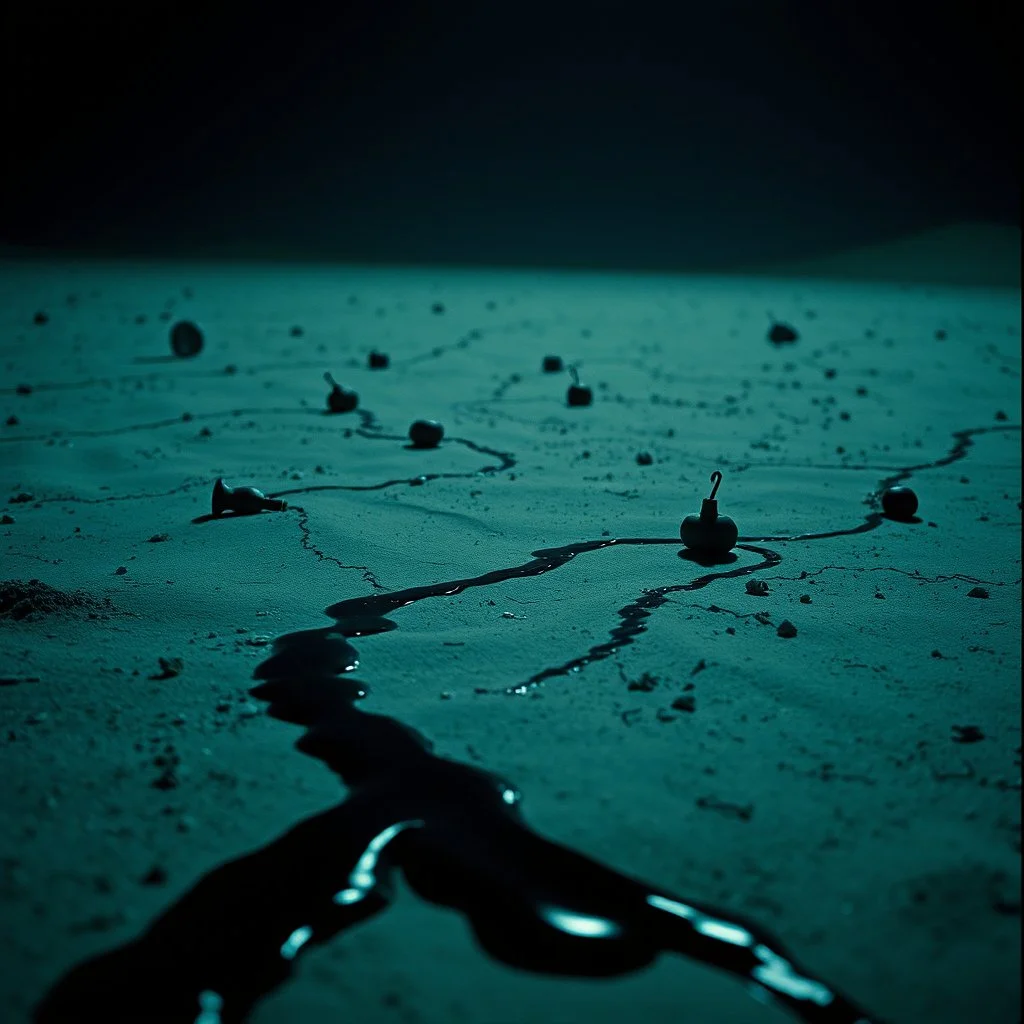 Photograph, odd objects scattered over an arid surface, night, nothingness, spooky, close-up, in Yves Tanguy style, nightmare, highly hypermaximalist, details of the terrain very accentuated, 8k, deep 3d field, sharp, eerily mysterious, artistic photo, large format film, shot on Hasselblad, 33mm photography, mysterious, macabre, streams of black liquid