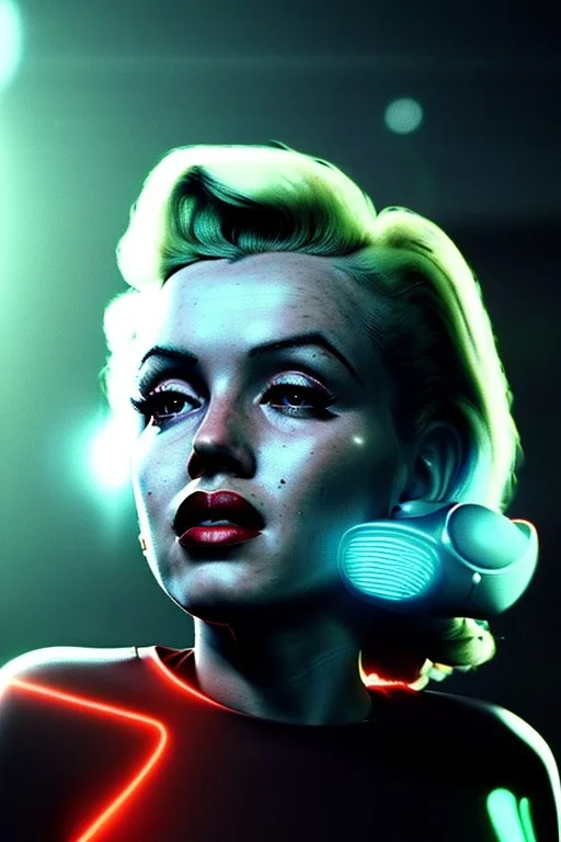 Ultra Realistic retro sci-fi scene, portrait, blonde woman, sweet young Marilyn Monroe face, perfect iris, glow eyes, makeup. Alien background, Retro sci-fi style helmet, tight latex coat, fog, rain, soft color, highly detailed, unreal engine 5, ray tracing, RTX, lumen lighting, ultra detail, volumetric lighting, 3d, finely drawn, high definition, high resolution.