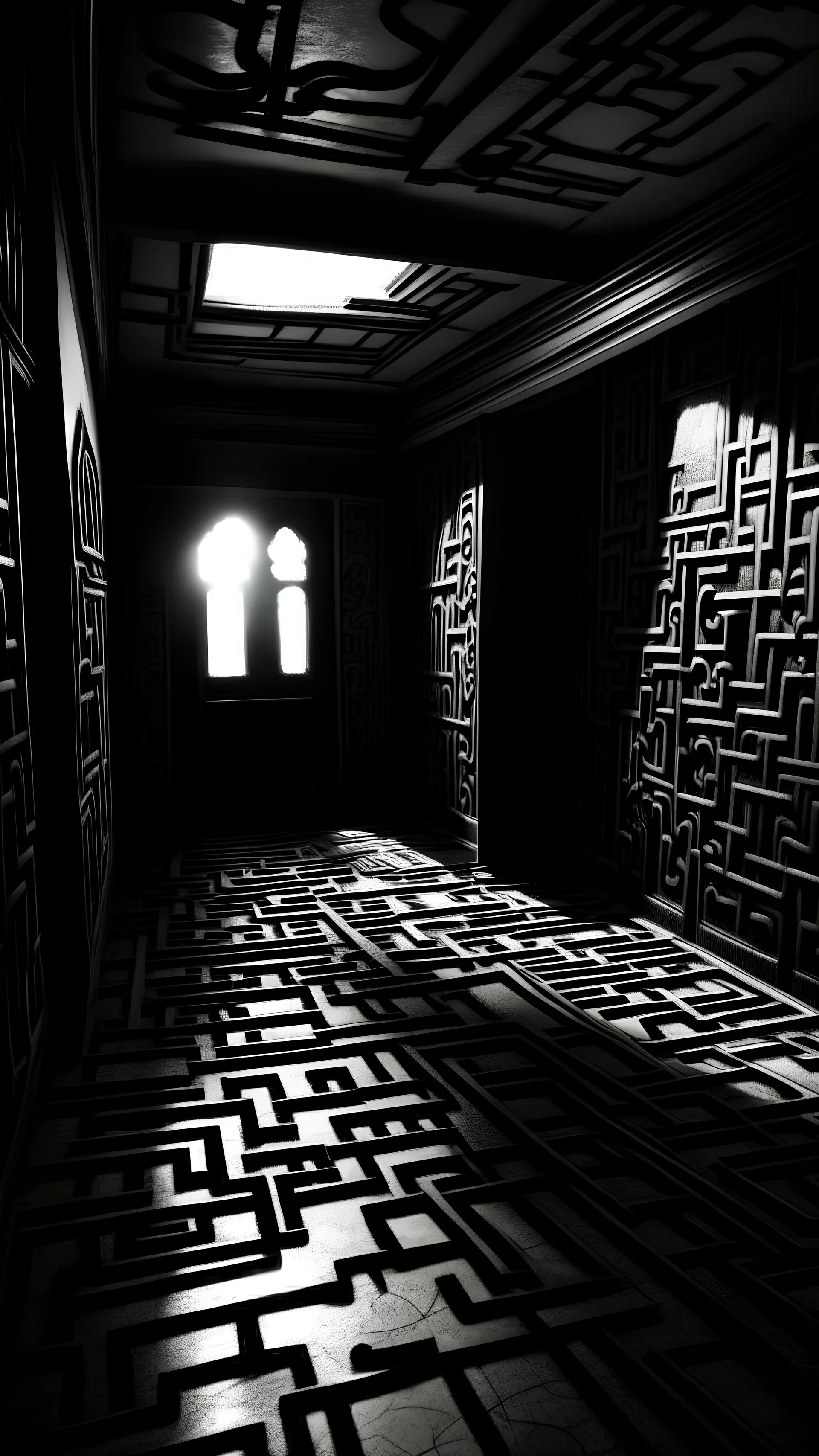 Alex finds himself trapped in a maze of twisting corridors within Blackwood Manor, the walls closing in around him with each step he takes. Shadows dance along the walls, and strange symbols are etched into the stone, hinting at the supernatural forces at play.]