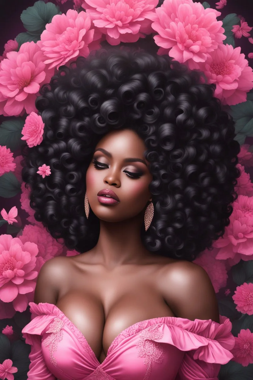 Create an chalk style image of a curvy black female wearing a pink off the shoulder blouse and she is looking down with Prominent makeup. Highly detailed tightly curly black afro. Background of large pink and black flowers surrounding her