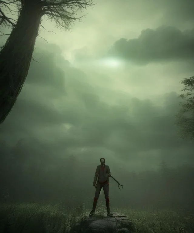 horror fanstasy, trees giant, clouds, light green, young man, rock, sword, giant wolf