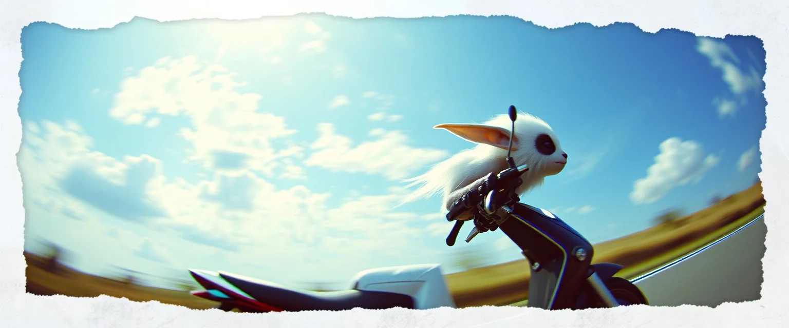 3d airbrush render, white fluffy gnome native panda elf alien dodo on insane fast scooter, pinhole cam, airbrush 3d rendering, in the style of Titian and Dali , torn edges on border