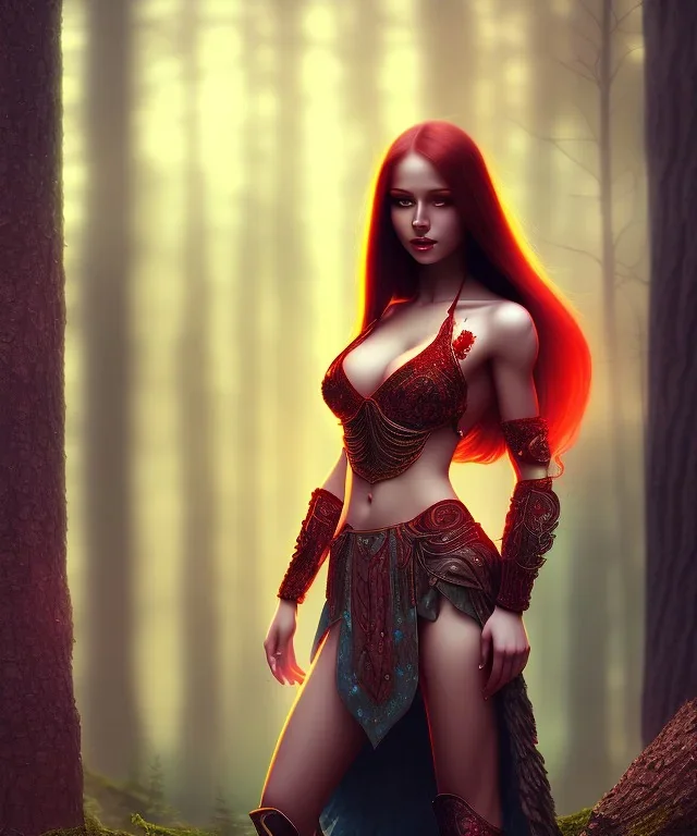 beautiful girl, muskeln, red long hair, corsage, smile, sehr große oberweite, kriegerin, im wald, nacht, lagerfeuer, fantasy art