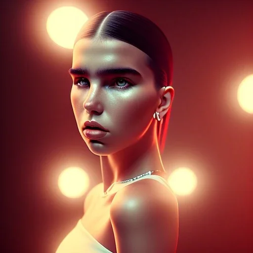 Mystery dua lipa, Ambiance dramatique, dramatic lighting, volumetric lighting, concert background, hyperrealisme, 8k, high quality, lot of details, fit within portrait