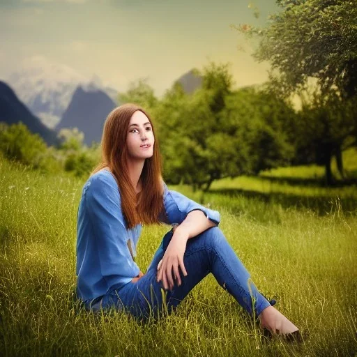 gorgeous young Swiss girl sitting standing in green field, mountain, sun, wearing blue shirt over, open arms, realistic eyes, unreal engine, photograph, realistic skin texture, photorealistic, hyper realism, highly detailed, 85mm portrait photography