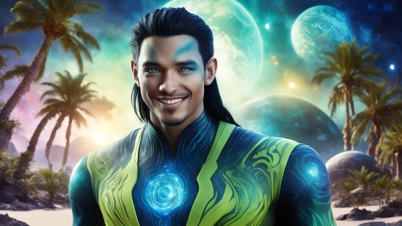 beautiful gorgeous young man na'vi with long hair, Avatar, blue skin, two small ears, green eyes, black hair, in cosmic suit, galactic ambiance, medium pointy goatee , smiling, with spaceship and planets and palm trees and clear crystaline cosmic beach in background