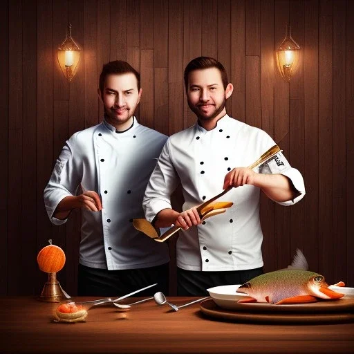 portrait of handsome man and another chef in front dark wooden wall, fish, shiny fork and knifes on dinner table with cloth, fantasy art book cover