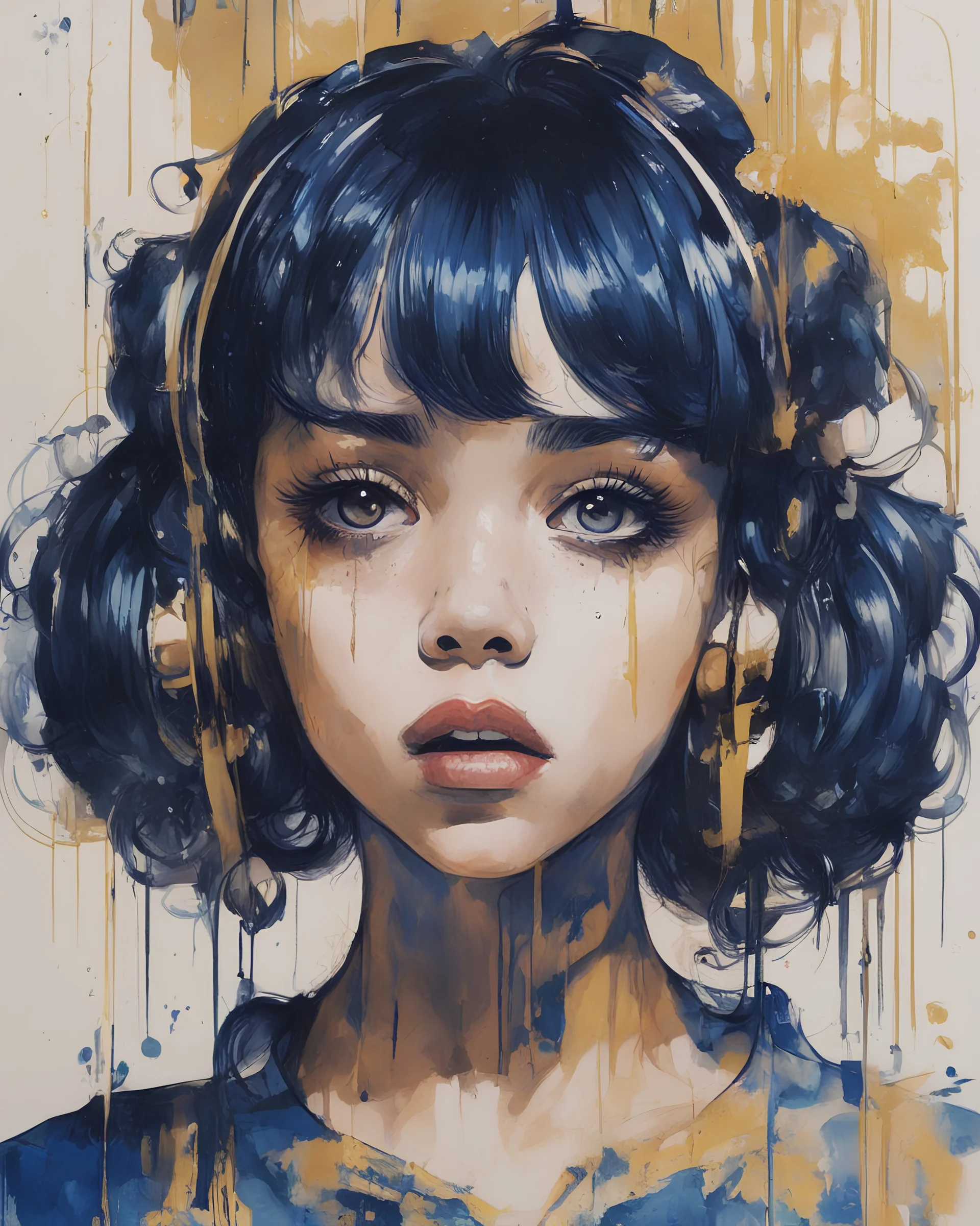 A portrait of a Singer Melanie Martinez face, cyberpunk, painting by Yoji Shinkawa, darkblue and gold tones,