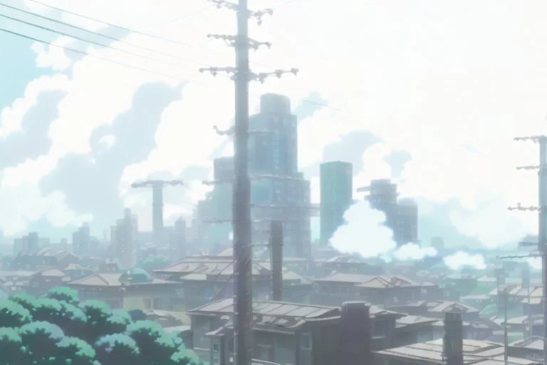 Smokey cyberpunk cityscape, dystopian