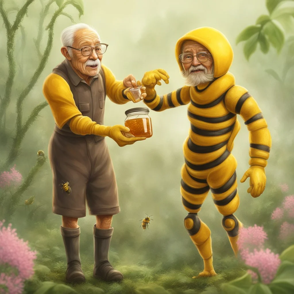 Grandpa and grandma healthy in a planet of honey stingless bee, realistic